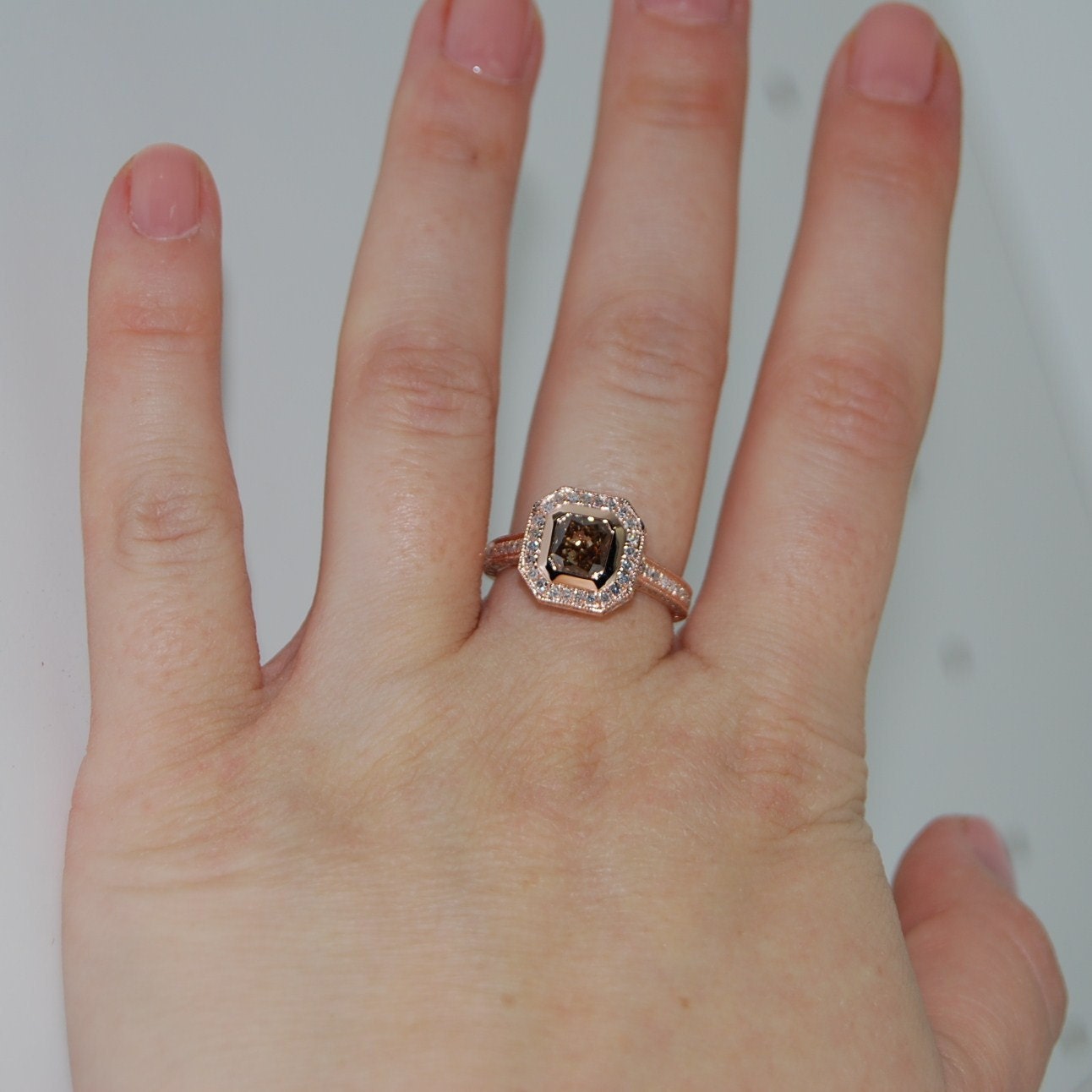 Reserved -1ct VS2 Asscher cut Cognac diamond ring 14k rose gold-1st payment