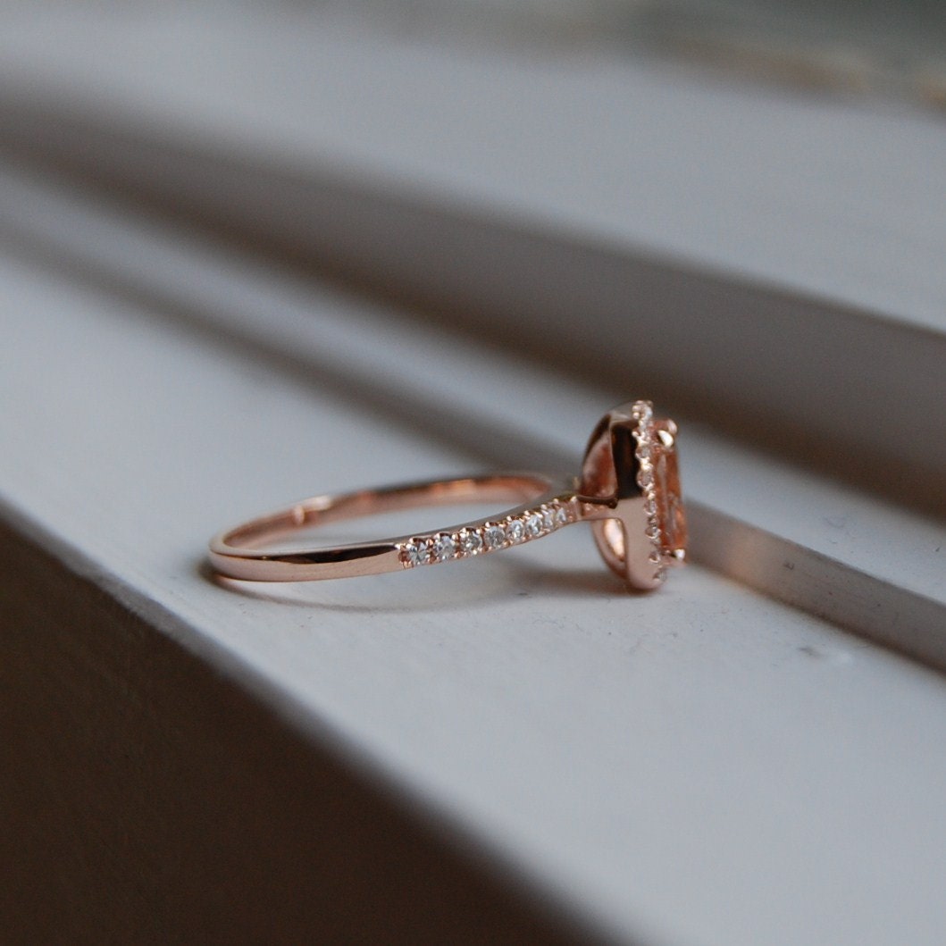 1ct Cushion Peach sapphire in 14k rose gold diamond ring