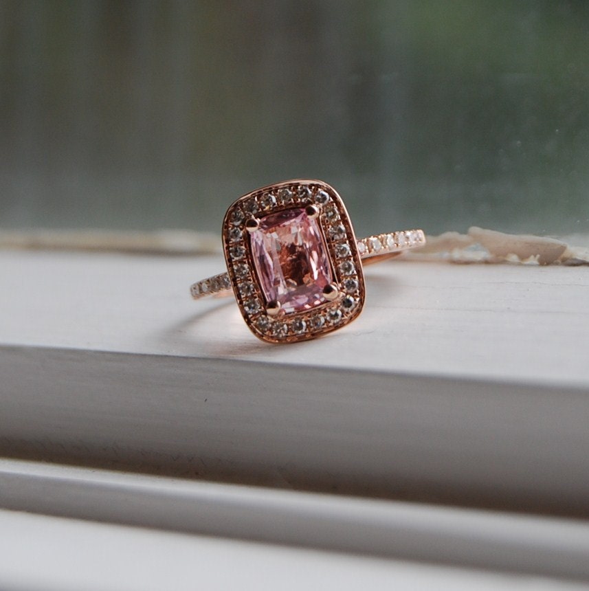 1.3ct Cushion peach champagne sapphire in 14k rose gold diamond ring