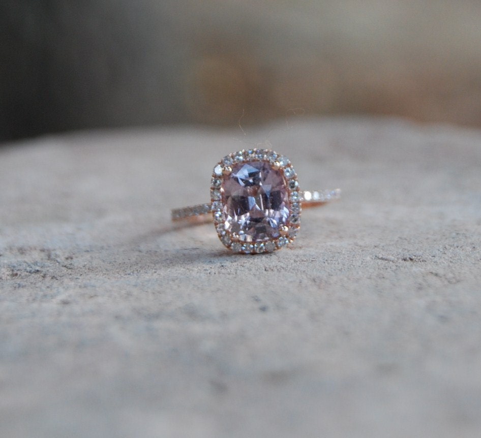 2.6ct Cushion peach lavender champagne color change sapphire in 14k rose gold diamond ring