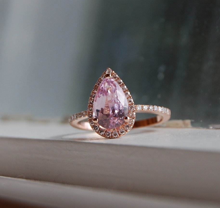 2ct Peach pink champagne tear drop sapphire and rose gold diamond ring