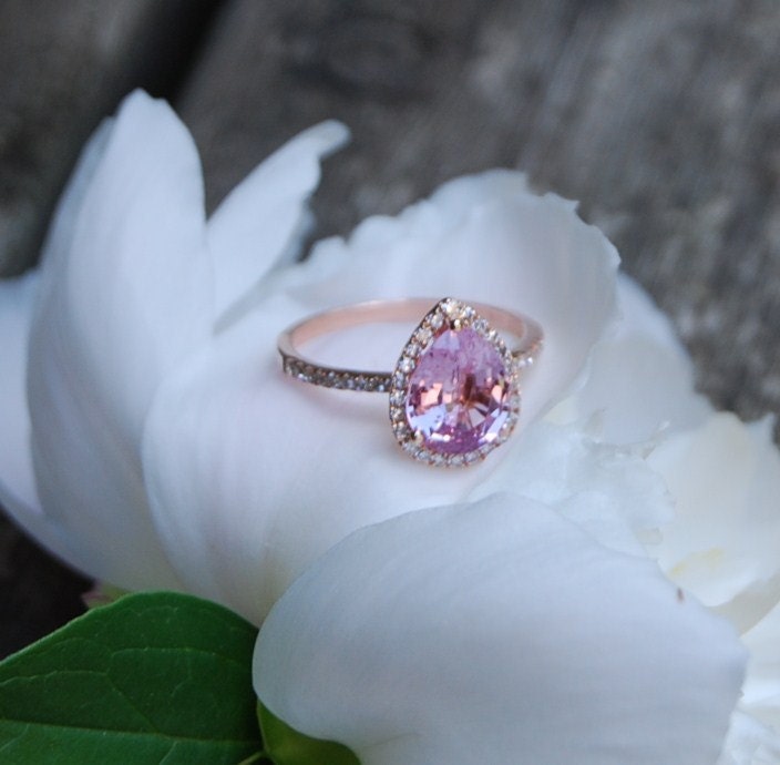 2.2ct Peach pink champagne tear drop sapphire and rose gold diamond engagement ring