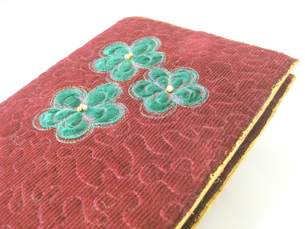 Book sleeve brown quilted green velvet flowers