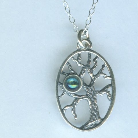 Sterling Silver TREE OF LIFE with Aqua Aura Pendant and Chain
