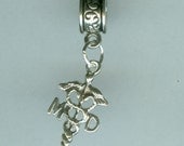 Sterling MD Cadeceus Bead Charm for Trollbead, European, and All Name Brand Add a Bead Charm Bracelets