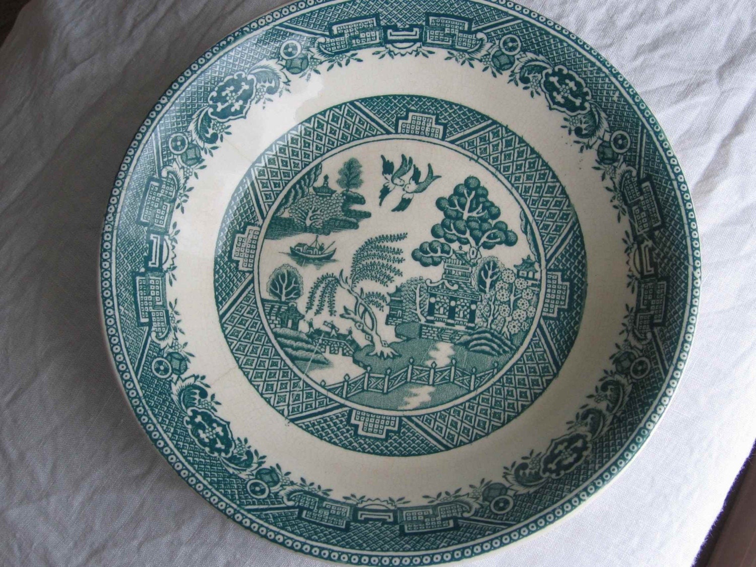 Vintage Rare Earthenware Dessert Bowl from Crown Clarence of Staffordshire England.  Green/Blue Willow Pattern.