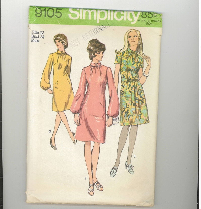 1970s Vintage Sewing Pattern Simplicity 9105 Misses Dress Size 12 Bust 34 1970 70s