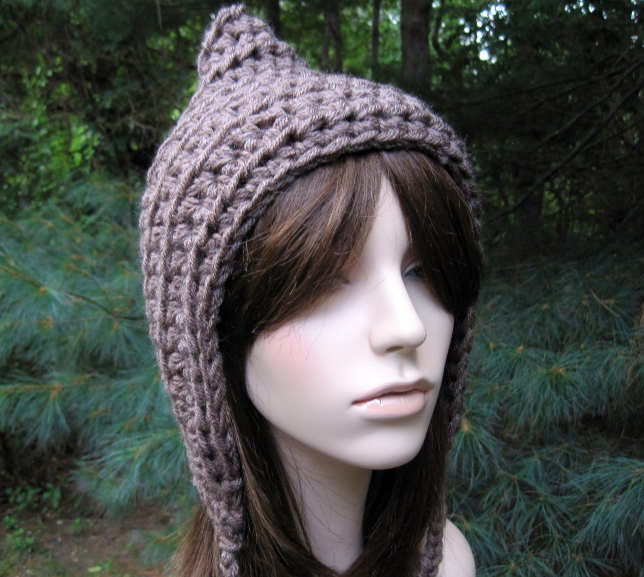 Crochet Hat, Crochet Womens Hat, Crochet Pixie Hat, Goblin Hat, Taupe Autumn Fall Fashion Hooded Hat