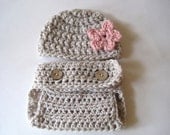 Crochet Baby Beanie, Crochet Baby Hat, Girl Diaper Cover and Hat, Baby Girl Hat, Infant Diaper Cover, Newborn Girl Hat, Photo Prop, Linen