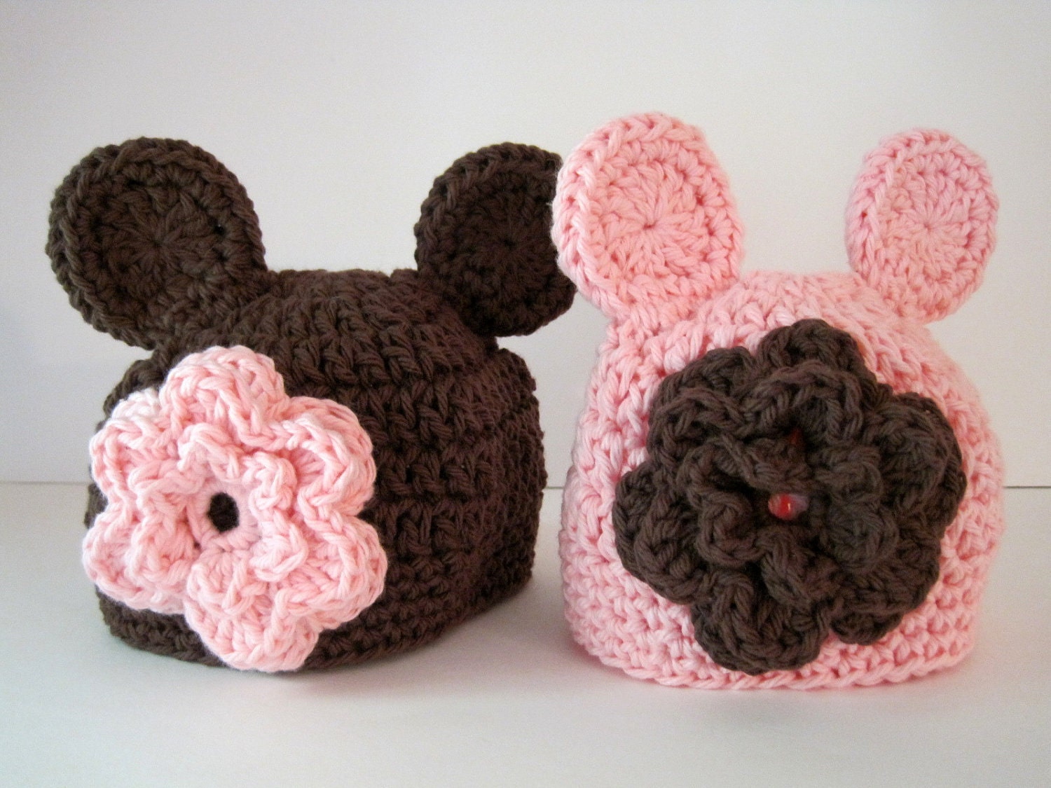 Crochet Baby Hats Twin Baby Hats Bear Hats Girl Hats Flower Hats Newborn Hat Infant Hat Animal Hat Photo Prop Pink Brown