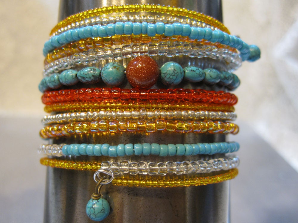 Turquoise Calsilica Goldstone and Seed Bead Stacked Memory Wire Beaded Bracelet Cuff