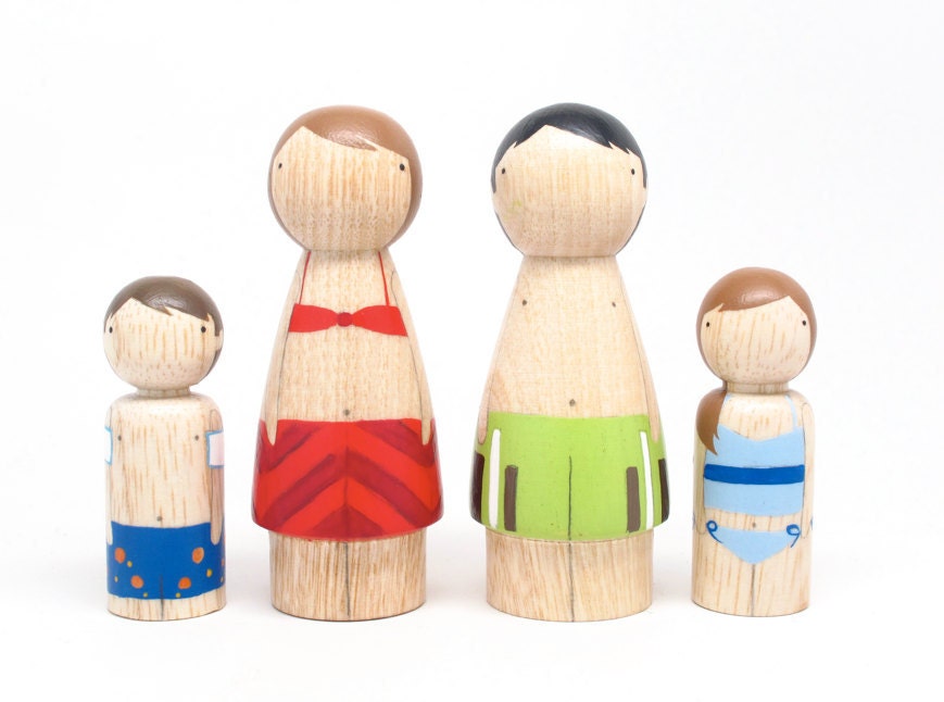 Fair Trade // Children Toys Wooden PEG DOLLS The Bathers // A Set of Hand-Painted Wooden Peg Dolls Kids Wooden Toys