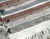 Handwoven Wool Rag Rug 90 Percent recycled Tan Cream Brown Gray with Handspun 100 Percent Wool