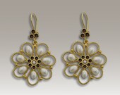 Pearl and red garnet stones 24k gold plated flower earrings - White flower.