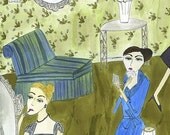 The ladies powder room at the Stork Club, 1953.  Limited edition print of an original watercolor painting by Vivienne Strauss.