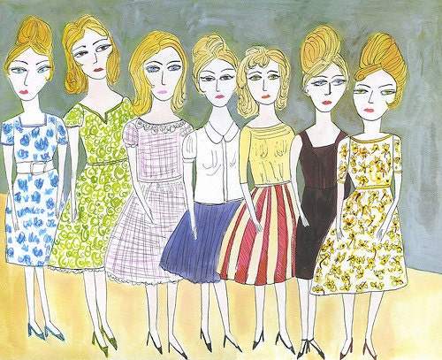 Final contestants in the Brigitte Bardot look a like contest. Original watercolor painting by Vivienne Strauss.