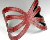 Recycled Reversible Venetian Red and Lake Blue Leather Cuff Rib Cage Design