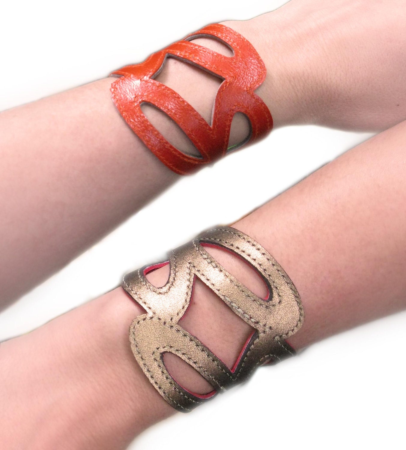 Sweetheart Pewter and Poppy Orange Recycled Reversible Leather Cuff Bracelet