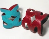 Leather Cuff Bracelet Reversible Turquoise Blue and Cranberry  Red