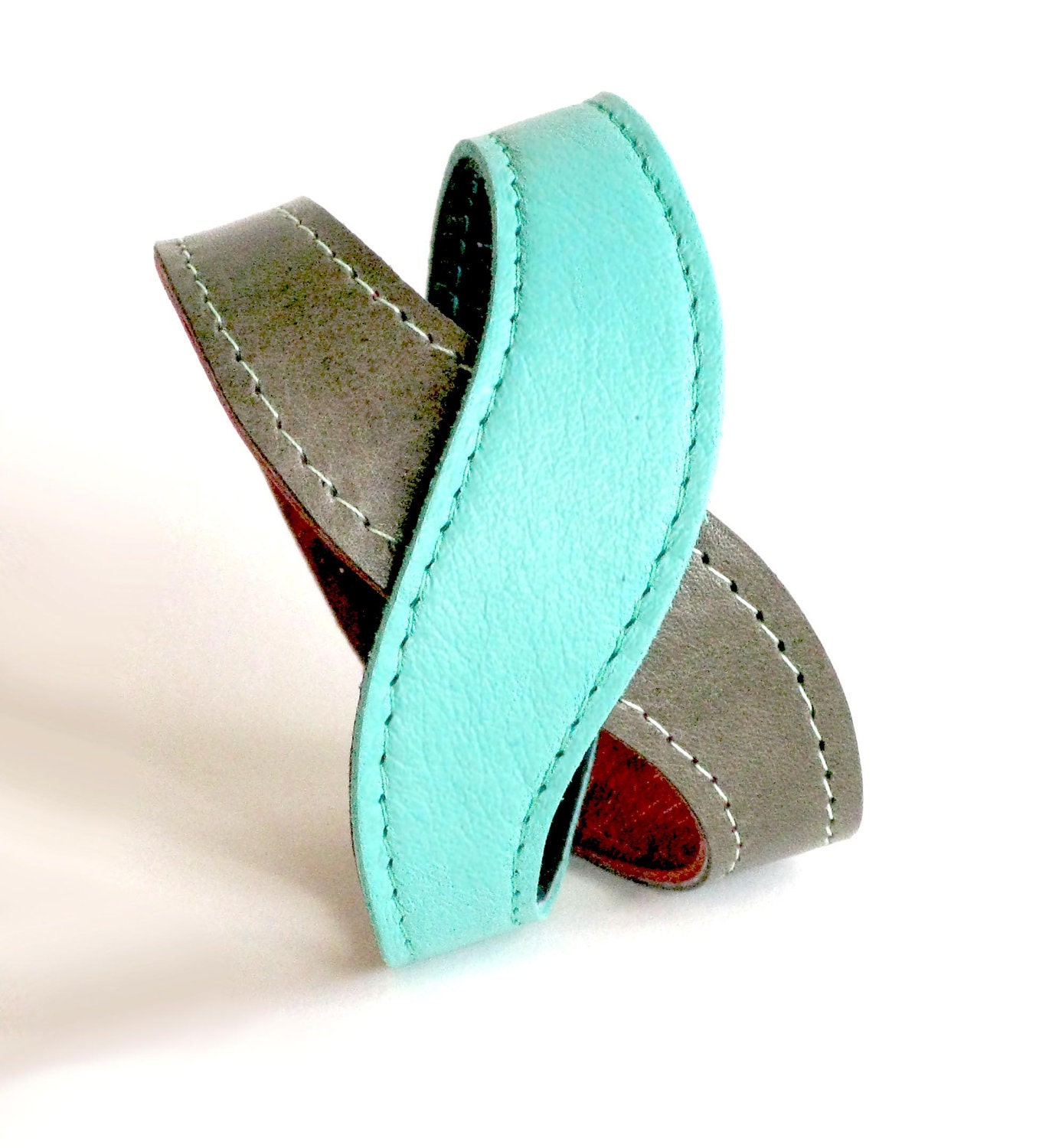 Leather Cuff Reversible Mint and Mushroom Grey