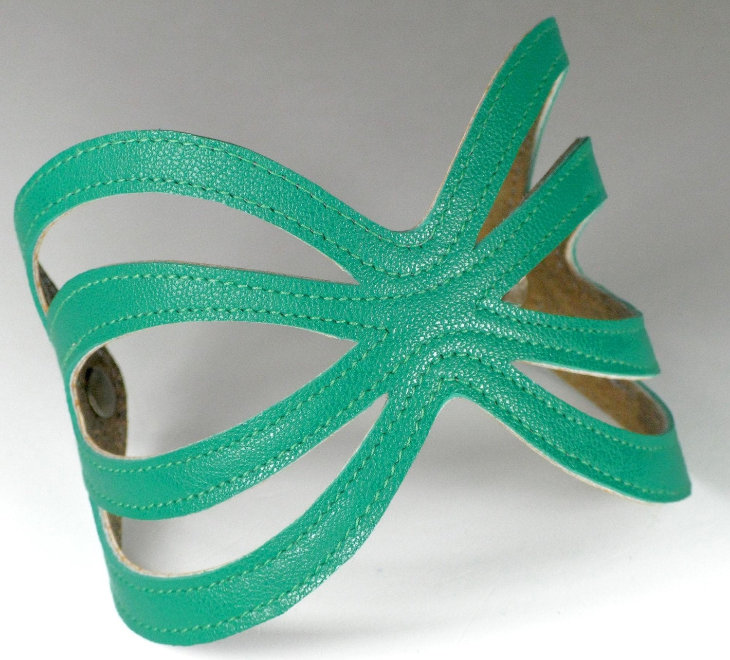 Green and Distressed Gold Reversible Ribcage Leather Cuff Bracelet