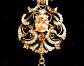 Victorian Topaz and Rhinestone Pendant Necklace with Huge Topaz Faceted Crystal Teardrop