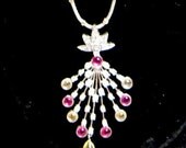 Rubies Citrines and Diamond CZ Sunburst Pendant Necklace  SUPER SALE