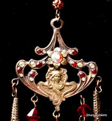 Czech Art Nouveau Style Vintage Goddess Pendant with Rubies and Rhinestone Crystals Necklace