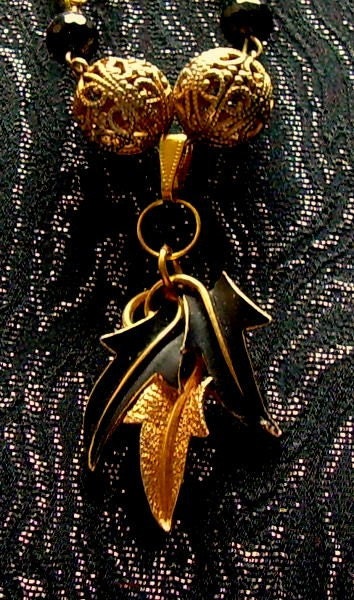Vintage Gold and Onyx Leaf Pendant with Antique Gold Filigree Beads  REDUCED