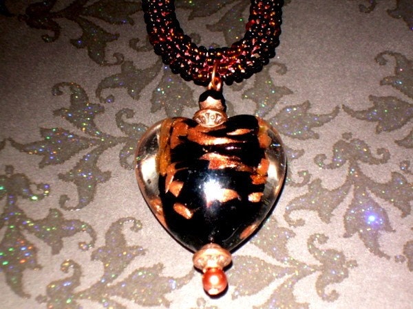 A Midnight Black Heart that Twinkles with Starlight Pendant and Beaded Bronze Necklace