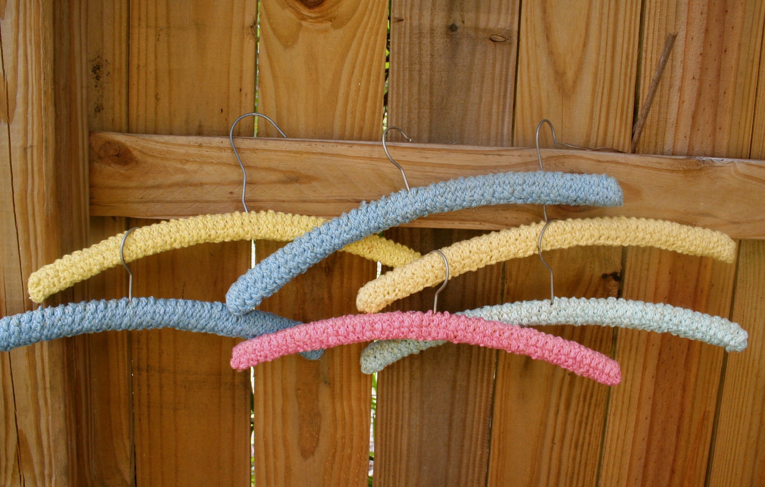 VINTAGE - 8 wrapped clothes hangers, crocheted, yarn wrapped, pastels, red, patriotic