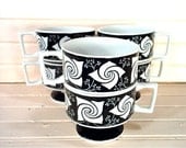 six black 'n white vintage 70's PINWHEEL pedestal coffee cups