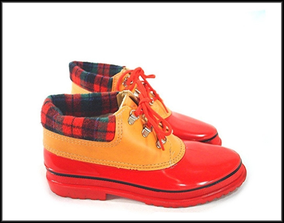 Shiny Red Duck Boots Vintage 80s Plaid By Rockymountainretro