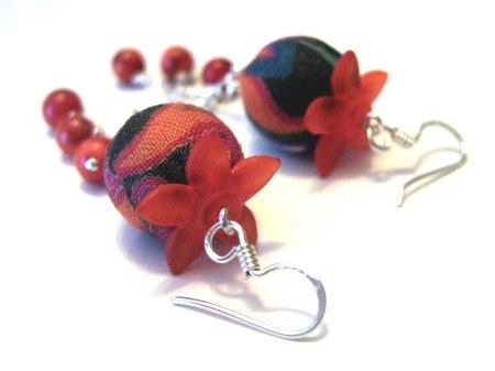 SALE....One of a Kind Sterling Silver, Coral, Vintage Lucite, Czech Glass, and Fabric Earrings