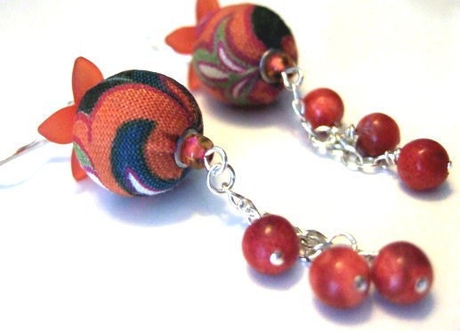 SALE....One of a Kind Sterling Silver, Coral, Vintage Lucite, Czech Glass, and Fabric Earrings
