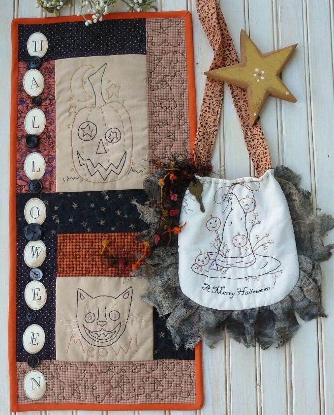 Merry Halloween purse wallhanging PDF PATTERN embroidery - primitive vintage tag witch stitchery pumpkin black cat quilt