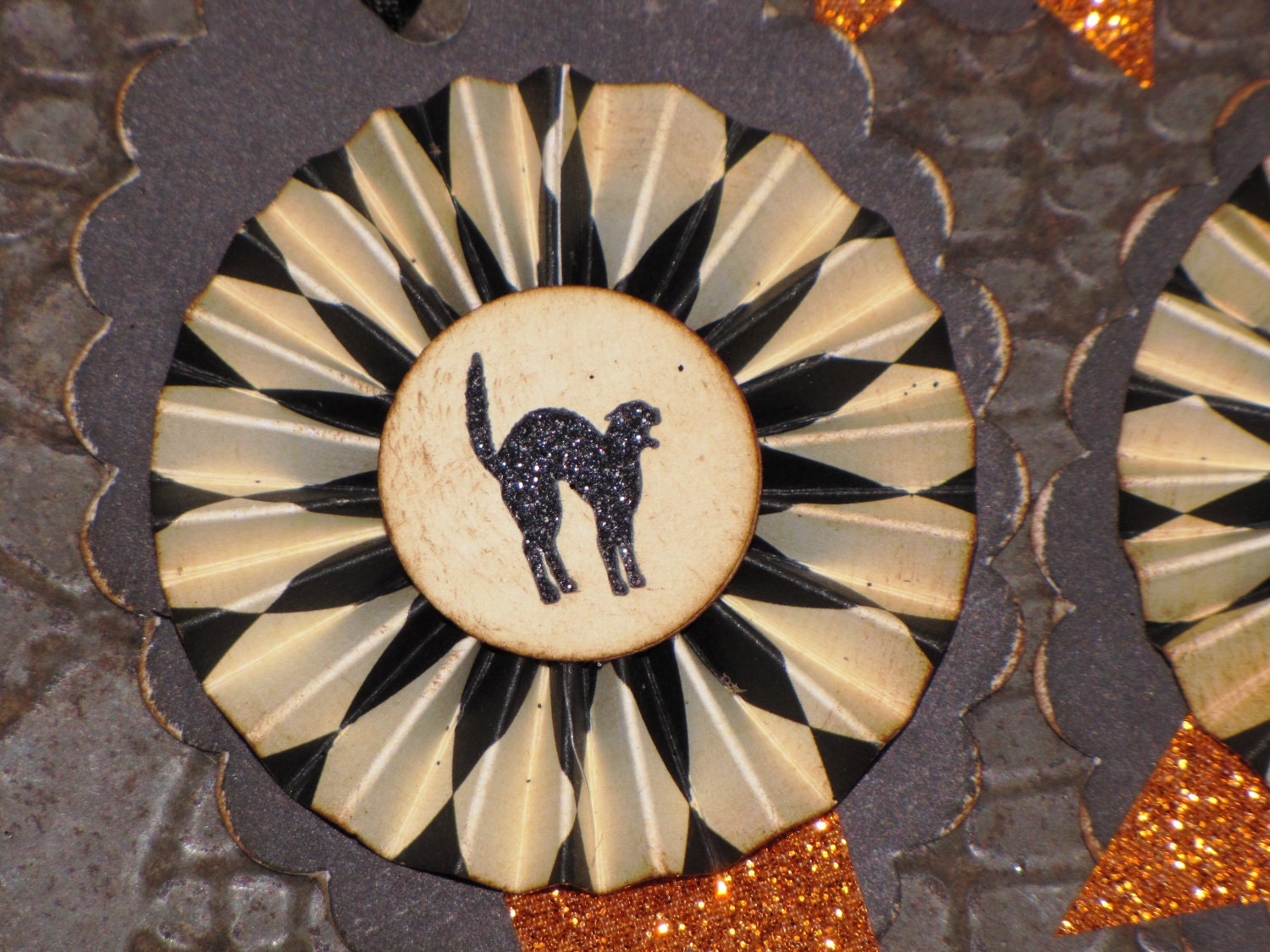 Set of THREE Vintage Inspired HALLOWEEN Gift Tags Ornaments Victorian Paper Rosettes Scaredy Cat