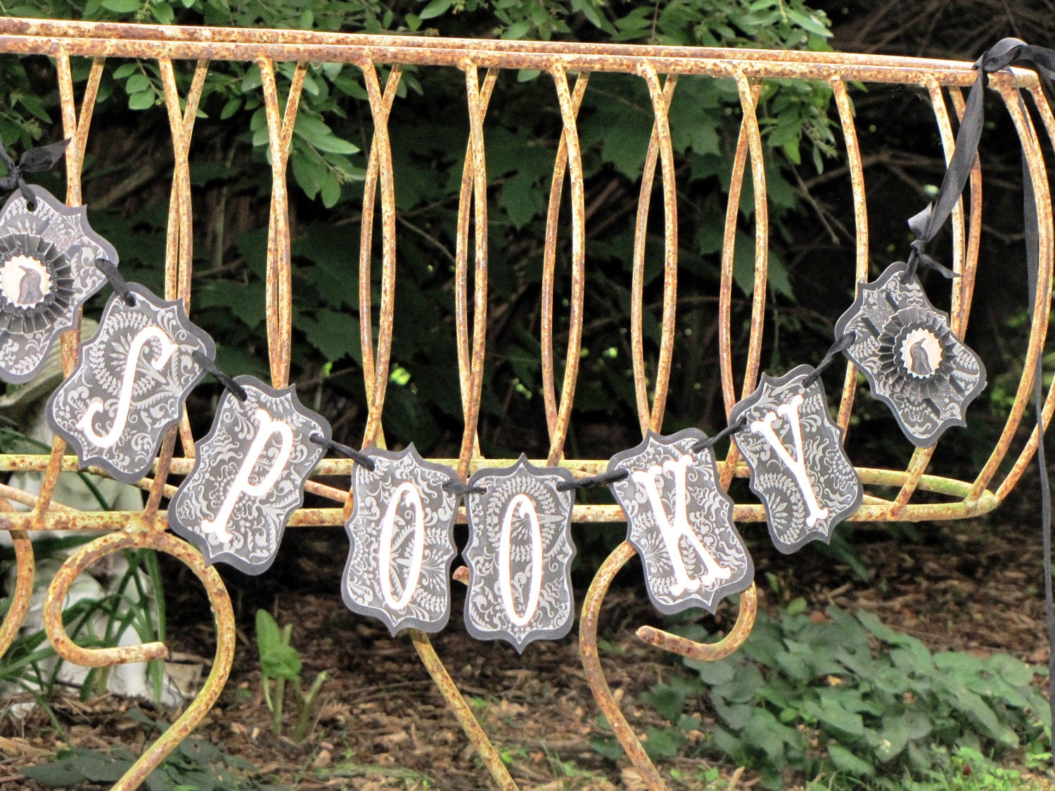 Reserved for Stephanie Vintage Halloween Inspired SPOOKY Banner Garland Victorian Paper Rosettes Crow RAVEN Grey and Black damask