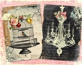 Paris elan (distinctive flair or style) Vintage Bird Cage and Chandelier  in 2 - 5x7" Prints