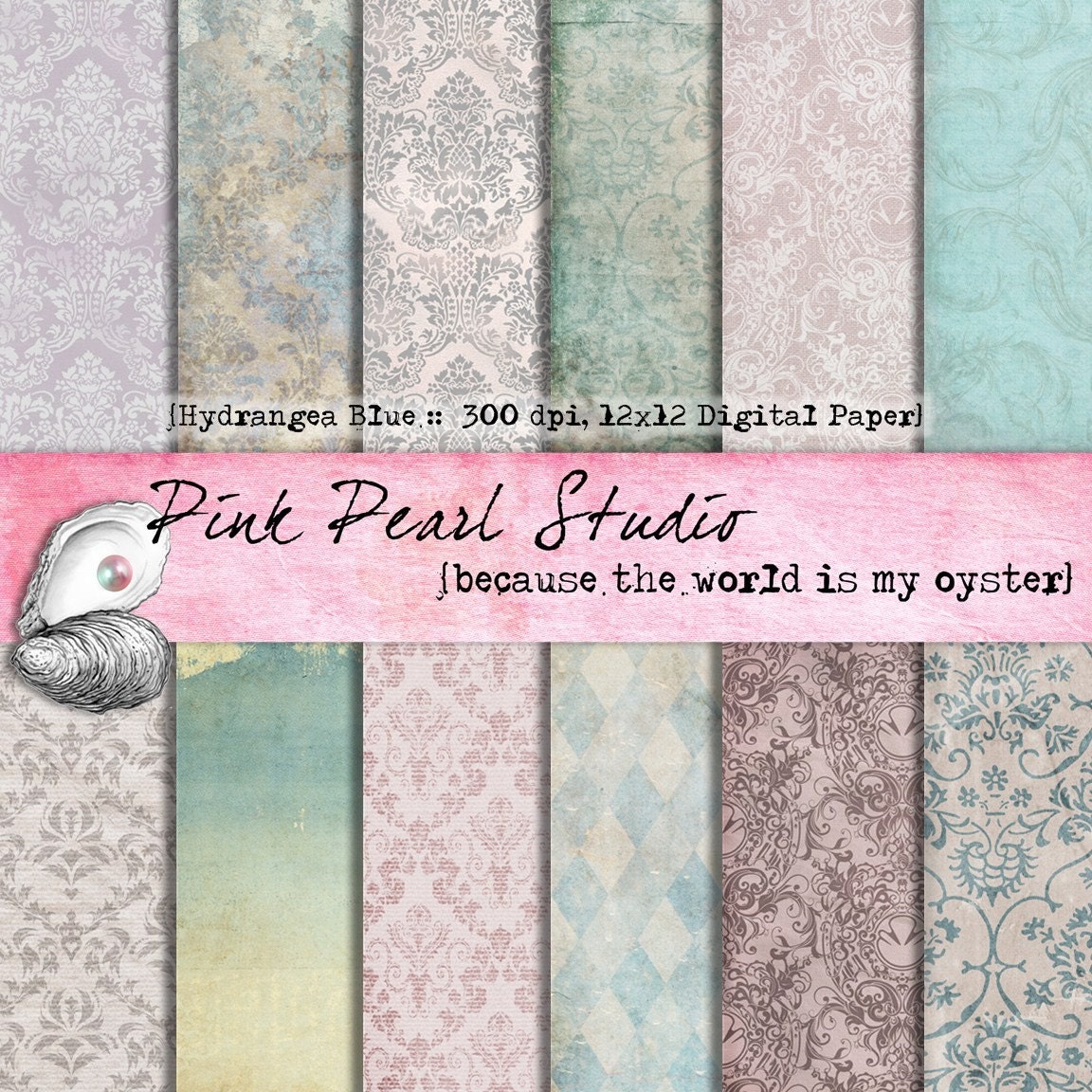 Hydrangea Blue Digital Paper Pack 12x12...Scrapbooking, Crafts and Cardmaking