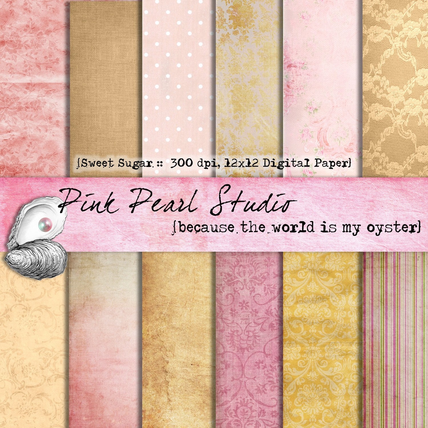 Sugar Sweet Shabby Pink and Gold Digital Paper Pack 12x12...Scrapbooking, Graphic Design, Crafts and Cardmaking