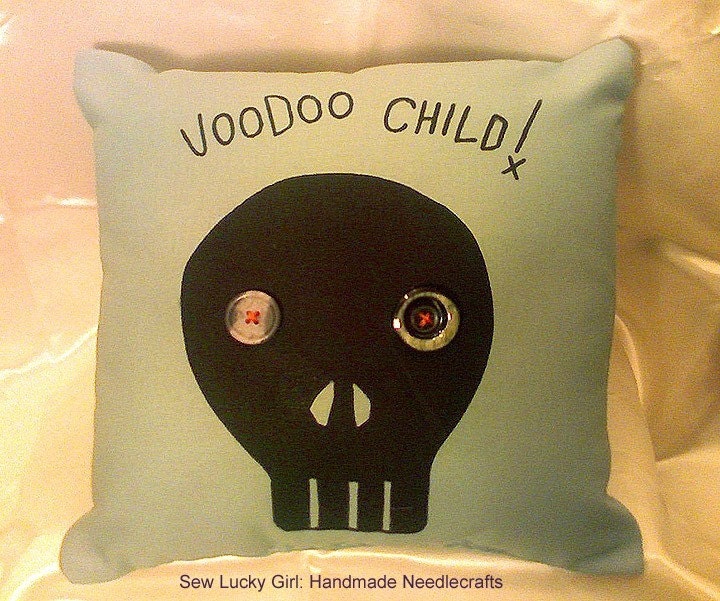 Silkscreened VooDoo Child-Simple Mod Throw Pillow-Minty Green-Stitch Punk-Great for Halloween, Holiday, Christmas Gifts