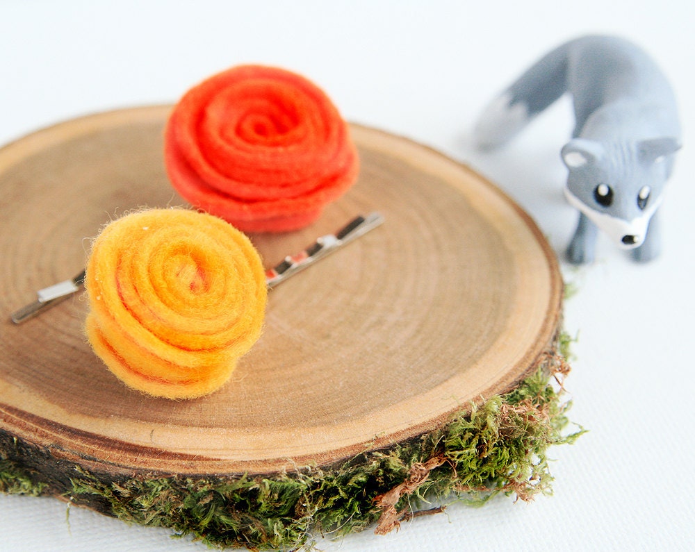 Summer Colors Rosette Orange Yellow Bobby Pin Pair