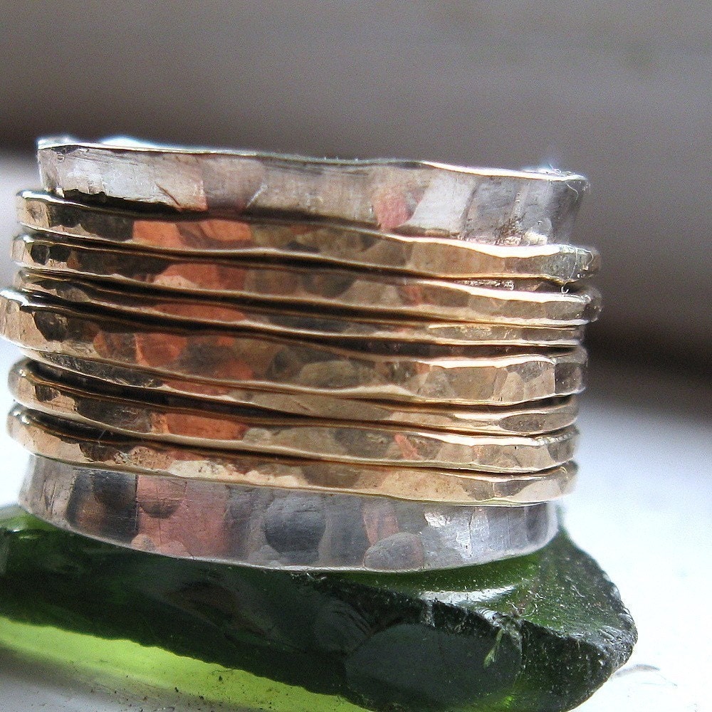Rustic Sterling and gold fill wide spinner ring