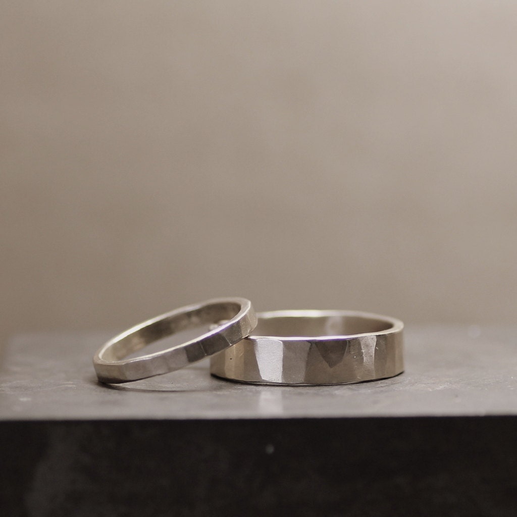 Hammered White Gold Wedding Band Set