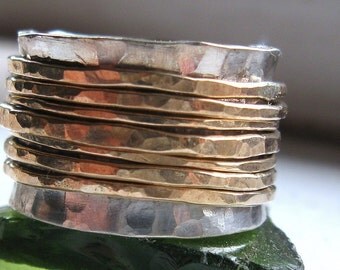 Rustic Sterling and gold fill wide spinner ring