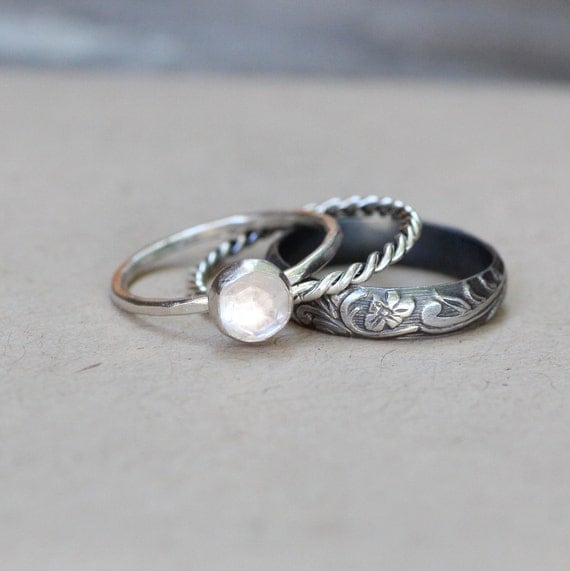 Rose Cut White Topaz Dark Sterling Stacking Rings Engagement Ring Gemstone Ring