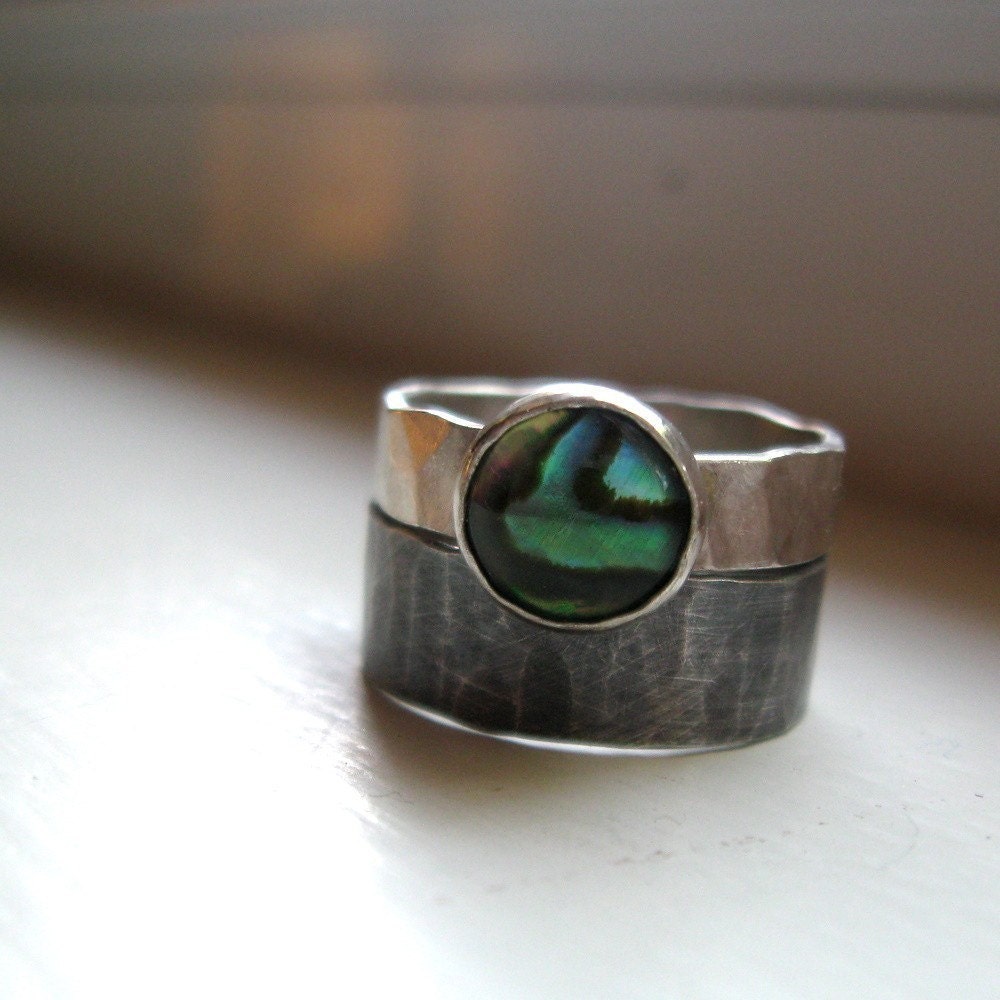 Rustic distressed sterling abalone rings
