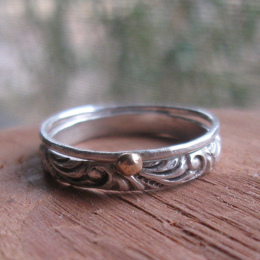 Renaissance Pattern Stacking Rings with Solid Gold Nugget