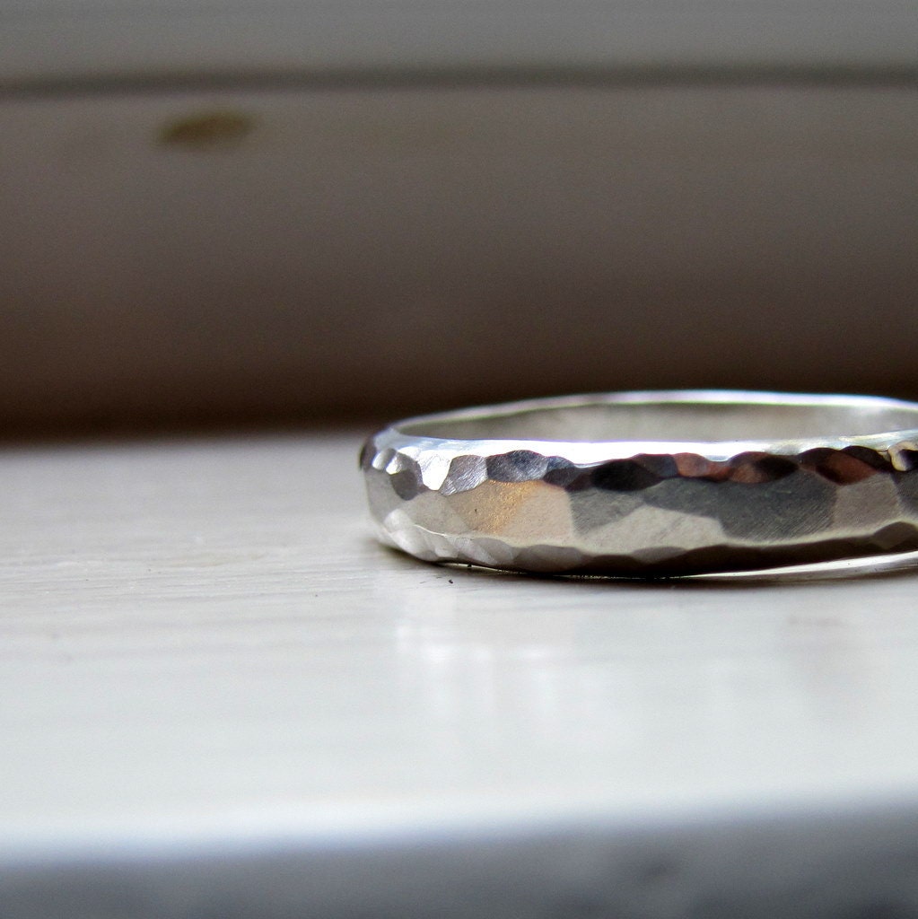 Unisex Plus Size Wedding Band of Hammered Sterling Silver